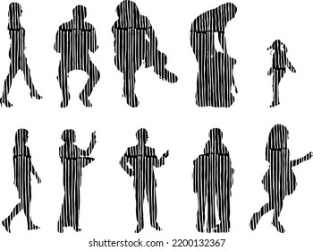 Vector silhouettes, Outline silhouettes of people, Contour drawing, people silhouette, Icon Set Isolated, Silhouette of sitting people, Architectural set	
