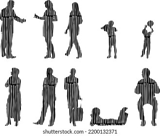 Vector silhouettes, Outline silhouettes of people, Contour drawing, people silhouette, Icon Set Isolated, Silhouette of sitting people, Architectural set	
