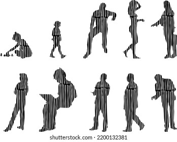 Vector silhouettes, Outline silhouettes of people, Contour drawing, people silhouette, Icon Set Isolated, Silhouette of sitting people, Architectural set	
