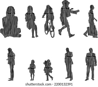 Vector silhouettes, Outline silhouettes of people, Contour drawing, people silhouette, Icon Set Isolated, Silhouette of sitting people, Architectural set	
