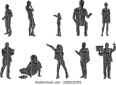 Vector silhouettes, Outline silhouettes of people, Contour drawing, people silhouette, Icon Set Isolated, Silhouette of sitting people, Architectural set	
