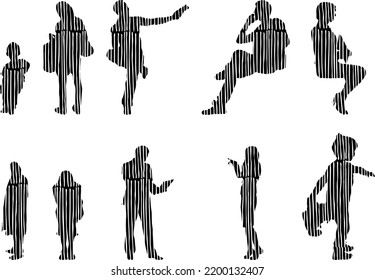 Vector silhouettes, Outline silhouettes of people, Contour drawing, people silhouette, Icon Set Isolated, Silhouette of sitting people, Architectural set	
