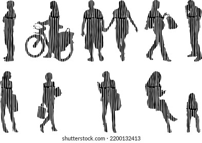 Vector silhouettes, Outline silhouettes of people, Contour drawing, people silhouette, Icon Set Isolated, Silhouette of sitting people, Architectural set	
