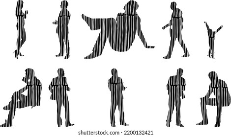 Vector silhouettes, Outline silhouettes of people, Contour drawing, people silhouette, Icon Set Isolated, Silhouette of sitting people, Architectural set	
