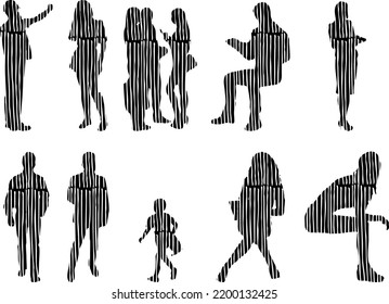 Siluetas vectoriales, Siluetas de contorno de personas, Dibujo de contorno, silueta de personas, Conjunto de iconos aislados, Silueta de personas sentadas, Conjunto arquitectónico	
