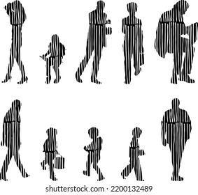 Vector silhouettes, Outline silhouettes of people, Contour drawing, people silhouette, Icon Set Isolated, Silhouette of sitting people, Architectural set	
