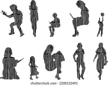 Vector silhouettes, Outline silhouettes of people, Contour drawing, people silhouette, Icon Set Isolated, Silhouette of sitting people, Architectural set	
