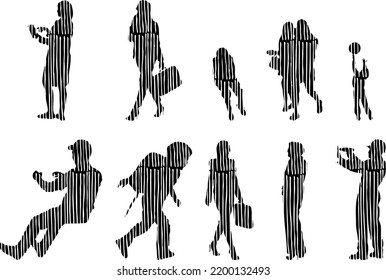 Vector silhouettes, Outline silhouettes of people, Contour drawing, people silhouette, Icon Set Isolated, Silhouette of sitting people, Architectural set	
