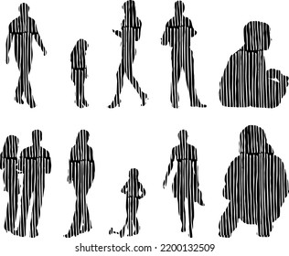 Vector silhouettes, Outline silhouettes of people, Contour drawing, people silhouette, Icon Set Isolated, Silhouette of sitting people, Architectural set	

