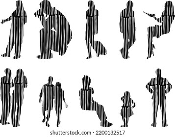 Vector silhouettes, Outline silhouettes of people, Contour drawing, people silhouette, Icon Set Isolated, Silhouette of sitting people, Architectural set	

