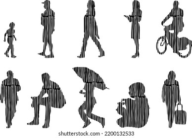 Vector silhouettes, Outline silhouettes of people, Contour drawing, people silhouette, Icon Set Isolated, Silhouette of sitting people, Architectural set	
