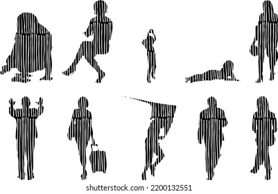 Vector silhouettes, Outline silhouettes of people, Contour drawing, people silhouette, Icon Set Isolated, Silhouette of sitting people, Architectural set	
