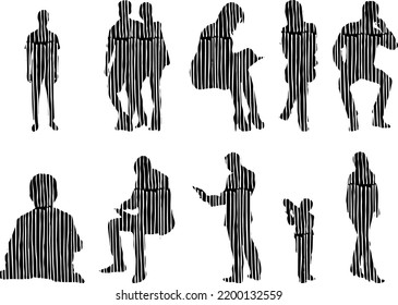 Vector silhouettes, Outline silhouettes of people, Contour drawing, people silhouette, Icon Set Isolated, Silhouette of sitting people, Architectural set	
