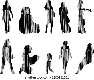 Vector silhouettes, Outline silhouettes of people, Contour drawing, people silhouette, Icon Set Isolated, Silhouette of sitting people, Architectural set	
