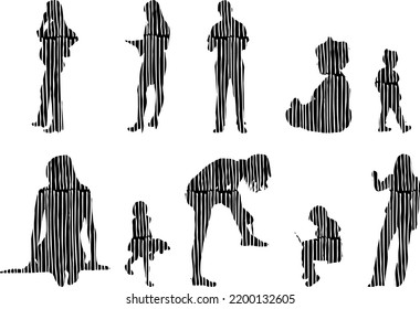 Vector silhouettes, Outline silhouettes of people, Contour drawing, people silhouette, Icon Set Isolated, Silhouette of sitting people, Architectural set	
