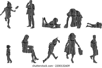 Vector silhouettes, Outline silhouettes of people, Contour drawing, people silhouette, Icon Set Isolated, Silhouette of sitting people, Architectural set	
