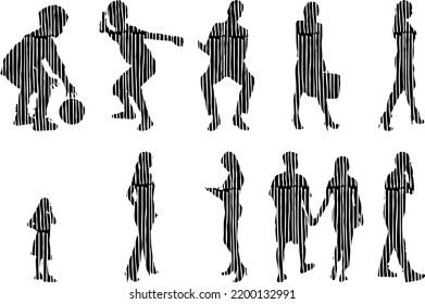 Vector silhouettes, Outline silhouettes of people, Contour drawing, people silhouette, Icon Set Isolated, Silhouette of sitting people, Architectural set	
