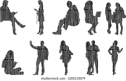Vector silhouettes, Outline silhouettes of people, Contour drawing, people silhouette, Icon Set Isolated, Silhouette of sitting people, Architectural set	
