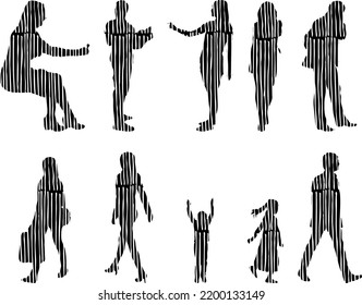 Vector silhouettes, Outline silhouettes of people, Contour drawing, people silhouette, Icon Set Isolated, Silhouette of sitting people, Architectural set	
