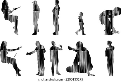 Vector silhouettes, Outline silhouettes of people, Contour drawing, people silhouette, Icon Set Isolated, Silhouette of sitting people, Architectural set	
