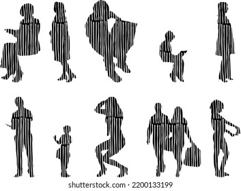 Vector silhouettes, Outline silhouettes of people, Contour drawing, people silhouette, Icon Set Isolated, Silhouette of sitting people, Architectural set	

