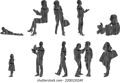 Vector silhouettes, Outline silhouettes of people, Contour drawing, people silhouette, Icon Set Isolated, Silhouette of sitting people, Architectural set	
