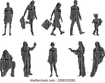 Vector silhouettes, Outline silhouettes of people, Contour drawing, people silhouette, Icon Set Isolated, Silhouette of sitting people, Architectural set	
