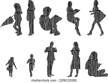 Vector silhouettes, Outline silhouettes of people, Contour drawing, people silhouette, Icon Set Isolated, Silhouette of sitting people, Architectural set	
