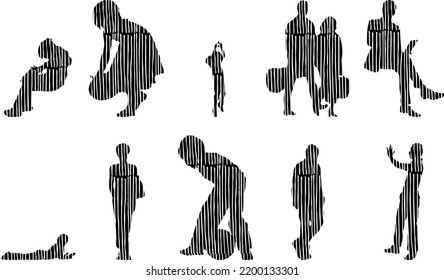 Vector silhouettes, Outline silhouettes of people, Contour drawing, people silhouette, Icon Set Isolated, Silhouette of sitting people, Architectural set	
