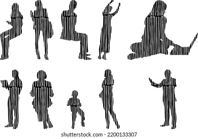 Siluetas vectoriales, Siluetas de contorno de personas, Dibujo de contorno, silueta de personas, Conjunto de iconos aislados, Silueta de personas sentadas, Conjunto arquitectónico	
