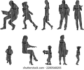 Vector silhouettes, Outline silhouettes of people, Contour drawing, people silhouette, Icon Set Isolated, Silhouette of sitting people, Architectural set	
