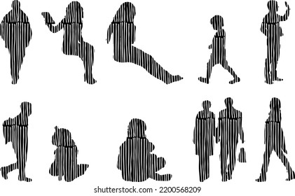 Vector silhouettes, Outline silhouettes of people, Contour drawing, people silhouette, Icon Set Isolated, Silhouette of sitting people, Architectural set	

