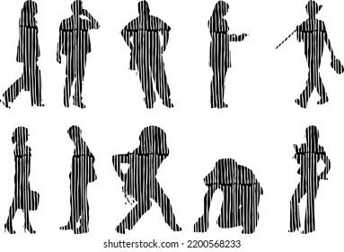 Siluetas vectoriales, Siluetas de contorno de personas, Dibujo de contorno, silueta de personas, Conjunto de iconos aislados, Silueta de personas sentadas, Conjunto arquitectónico	
