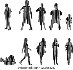 Siluetas vectoriales, Siluetas de contorno de personas, Dibujo de contorno, silueta de personas, Conjunto de iconos aislados, Silueta de personas sentadas, Conjunto arquitectónico	
