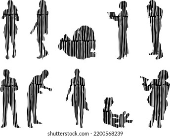 Vector silhouettes, Outline silhouettes of people, Contour drawing, people silhouette, Icon Set Isolated, Silhouette of sitting people, Architectural set	
