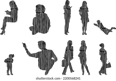 Vector silhouettes, Outline silhouettes of people, Contour drawing, people silhouette, Icon Set Isolated, Silhouette of sitting people, Architectural set	
