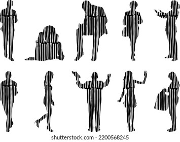 Vector silhouettes, Outline silhouettes of people, Contour drawing, people silhouette, Icon Set Isolated, Silhouette of sitting people, Architectural set	
