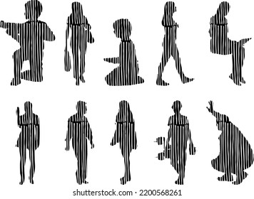 Vector silhouettes, Outline silhouettes of people, Contour drawing, people silhouette, Icon Set Isolated, Silhouette of sitting people, Architectural set	
