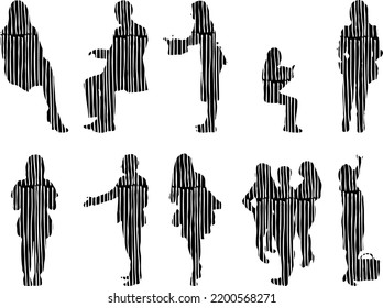 Vector silhouettes, Outline silhouettes of people, Contour drawing, people silhouette, Icon Set Isolated, Silhouette of sitting people, Architectural set	

