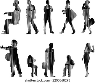 Vector silhouettes, Outline silhouettes of people, Contour drawing, people silhouette, Icon Set Isolated, Silhouette of sitting people, Architectural set	
