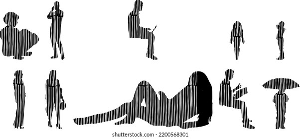 Vector silhouettes, Outline silhouettes of people, Contour drawing, people silhouette, Icon Set Isolated, Silhouette of sitting people, Architectural set	
