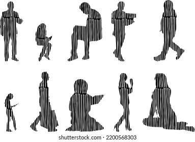 Vector silhouettes, Outline silhouettes of people, Contour drawing, people silhouette, Icon Set Isolated, Silhouette of sitting people, Architectural set	

