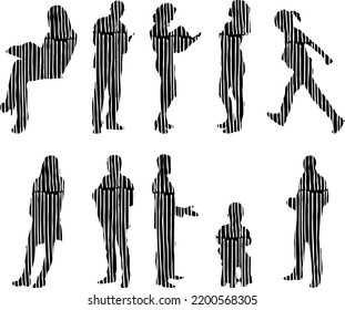Vector silhouettes, Outline silhouettes of people, Contour drawing, people silhouette, Icon Set Isolated, Silhouette of sitting people, Architectural set	
