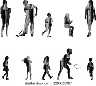 Vector silhouettes, Outline silhouettes of people, Contour drawing, people silhouette, Icon Set Isolated, Silhouette of sitting people, Architectural set	
