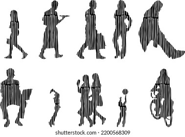Vector silhouettes, Outline silhouettes of people, Contour drawing, people silhouette, Icon Set Isolated, Silhouette of sitting people, Architectural set	
