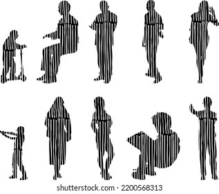 Vector silhouettes, Outline silhouettes of people, Contour drawing, people silhouette, Icon Set Isolated, Silhouette of sitting people, Architectural set	
