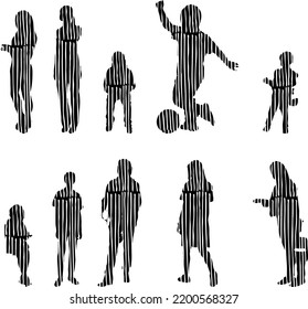 Siluetas vectoriales, Siluetas de contorno de personas, Dibujo de contorno, silueta de personas, Conjunto de iconos aislados, Silueta de personas sentadas, Conjunto arquitectónico	
