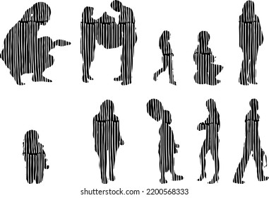 Vector silhouettes, Outline silhouettes of people, Contour drawing, people silhouette, Icon Set Isolated, Silhouette of sitting people, Architectural set	
