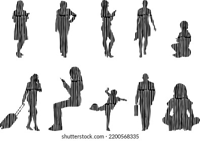 Vector silhouettes, Outline silhouettes of people, Contour drawing, people silhouette, Icon Set Isolated, Silhouette of sitting people, Architectural set	
