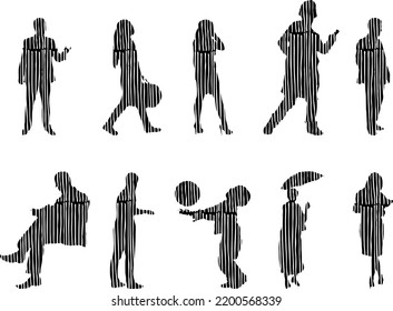 Vector silhouettes, Outline silhouettes of people, Contour drawing, people silhouette, Icon Set Isolated, Silhouette of sitting people, Architectural set	
